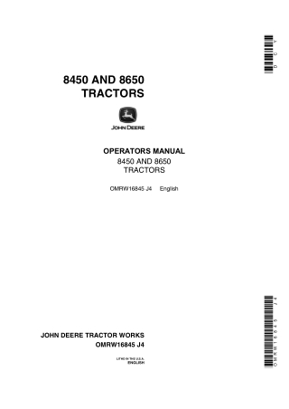 John Deere 8450 and 8650 Tractors Operator’s Manual Instant Download (Publication No.OMRW16845)