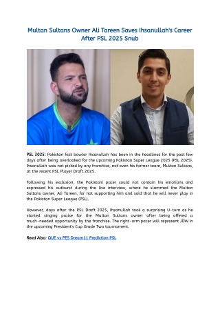 Multan Sultans Owner Ali Tareen Saves Ihsanullah's Career After PSL 2025 Snub
