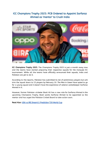 ICC Champions Trophy 2025_ PCB Ordered to Appoint Sarfaraz Ahmed as 'mentor' to Crush India