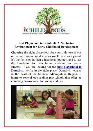 Best Playschool in Dombivli A Nurturing Environment for Early Childhood Development