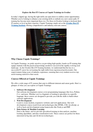 Explore the Best IT Courses at Cupule Trainings in Gwalior