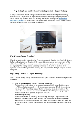 Top Coding Courses at Gwalior’s Best Coding Institute – Cupule Training