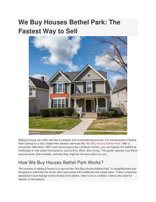 We Buy Houses Bethel Park_ The Fastest Way to Sell