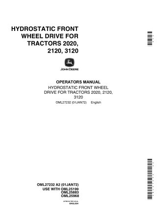 John Deere Hydrostatic Front Wheel Drive for 2020 2120 3120 Tractors Operator’s Manual Instant Download (Publication No.