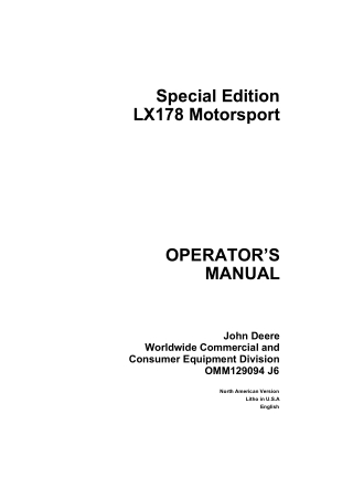 John Deere LX178 Motorsport Special Edition Operator’s Manual Instant Download (Publication No.OMM129094)