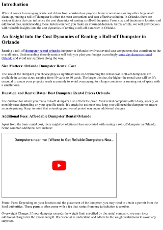 An Insight into the Cost Dynamics of Renting a Roll-off Dumpster in Orlando