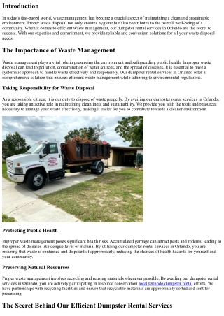The Secret to Efficient Waste Management: Our Dumpster Rental Services in Orland