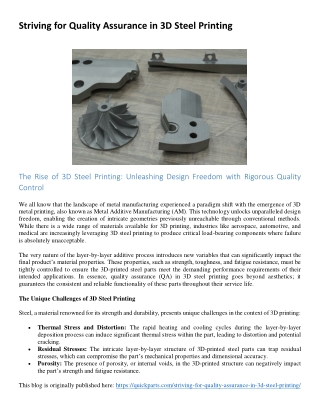 Striving for Quality Assurance in 3D Steel Printing