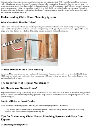 “Tips for Maintaining Older Homes’ Plumbing Systems with Help from Experts.”
