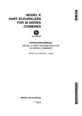 John Deere Model K Hart Scourkleen for 30 Series Combines Operator’s Manual Instant Download (Publication No.OMH621159)