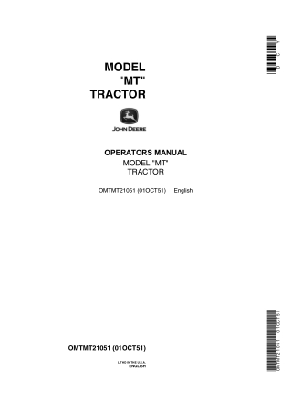 John Deere Model MT Series Tractor Operator’s Manual Instant Download (Publication No.OMTMT21051)