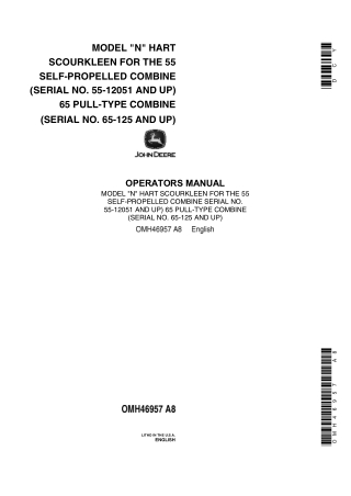 John Deere Model N Hart Scourkleen for the 55 Self-Propelled Combine and 65 Pull-Type Combine Operator’s Manual Instant