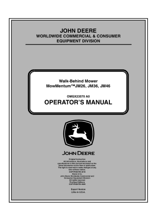 John Deere MowMentum™ JM26 JM36 JM46 Walk-Behind Mower Operator’s Manual Instant Download (PIN. 010001-) (Publication No