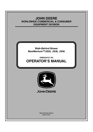 John Deere MowMentum™ JS26 JS36 JS46 Walk-Behind Mower Operator’s Manual Instant Download (PIN100001-) (Publication No.O