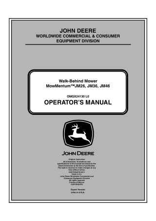 John Deere MowMentum™ JS26 JS36 JS46 Walk-Behind Mower Operator’s Manual Instant Download (PIN100001-) (Publication No.O