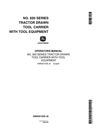 John Deere NO 650 Series Tractor Drawn Tool Carrier With Tool Equipment Operator’s Manual Instant Download (Publication