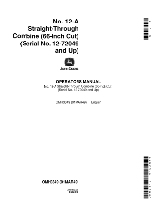 John Deere NO.12-A Straight-Through Combine (66-Inch Cut) Operator’s Manual Instant Download (Pin.12-72049 and up) (Publ