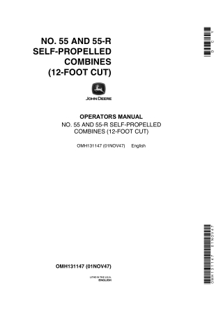 John Deere NO.55 and 55-R Self-Propelled Combines (12-Foot Cut) Operator’s Manual Instant Download (Publication No.OMH13