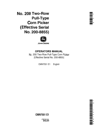 John Deere NO.200 Two-Row Pull-Type Corn Picker Operator’s Manual Instant Download (Pin.200-8855) (Publication No.OMN775