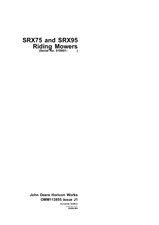 John Deere SRX75 and SRX95 Riding Mowers Operator’s Manual Instant Download (Pin.010001-) (Publication No.OMM113855)