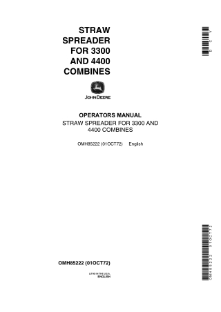 John Deere Straw Spreader for 3300 and 4400 Combines Operator’s Manual Instant Download (Publication No.OMH85222)