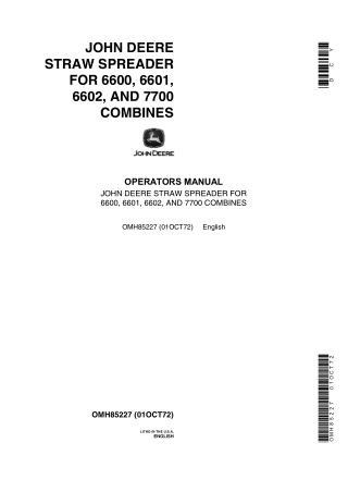 John Deere Straw Spreader for 6600 6601 6602 and 7700 Combines Operator’s Manual Instant Download (Publication No.OMH852