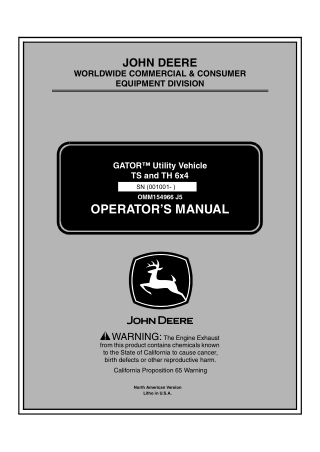 John Deere TS and TH 6×4 GATOR™ Utility Vehicle Operator’s Manual Instant Download (PIN001001-) (Publication No.OMM15496