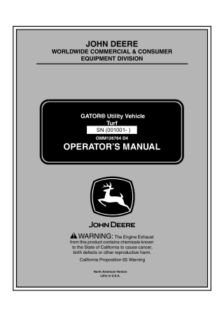 John Deere Turf GATOR Utility Vehicle Operator’s Manual Instant Download (PIN001001-) (Publication No.OMM126764)