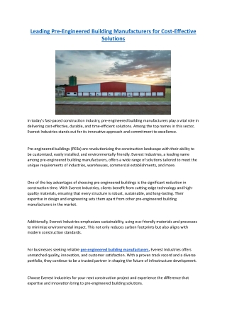 Leading Pre-Engineered Building Manufacturers for Cost-Effective Solutions - Everest Industries Limited