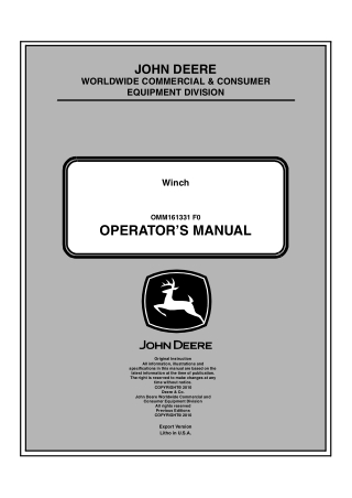 John Deere Winch for XUV 625i XUV 825i and XUV 855D Gator™ Utility Vehicles Operator’s Manual Instant Download (Publicat