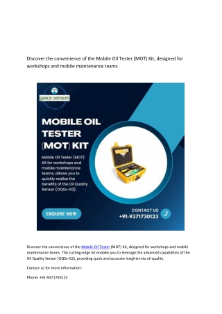 Discover the convenience of the Mobile Oil Tester (MOT) Kit