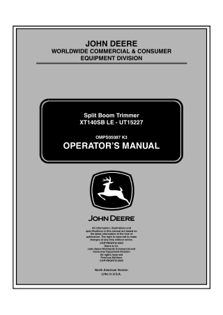 John Deere XT140SB LE – UT15227 Split Boom Trimmer Operator’s Manual Instant Download (Publication No.OMPS05087)