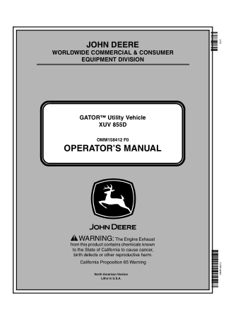 John Deere XUV 855D GATOR™ Utility Vehicle Operator’s Manual Instant Download (PIN010001-) (Publication No.OMM158412)