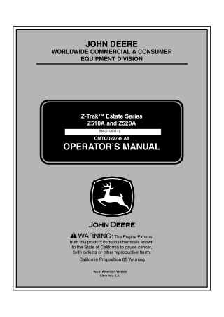 John Deere Z510A and Z520A Z-Trak™ Estate Series Mower Operator’s Manual Instant Download (PIN010001-) (Publication No.O