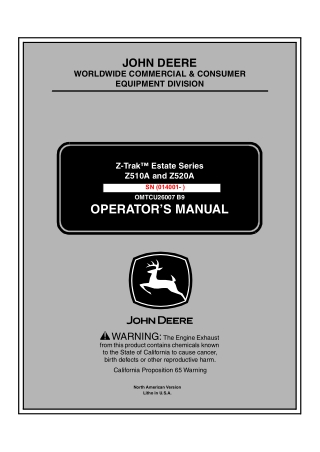 John Deere Z510A and Z520A Z-Trak™ Estate Series Mower Operator’s Manual Instant Download (PIN014001-) (Publication No.O