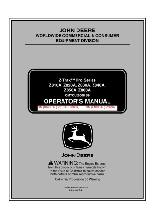 John Deere Z810A Z820A Z830A Z840A Z850A Z860A ZTrak™ Pro Series Mower Operator’s Manual Instant Download (PIN030001-) (