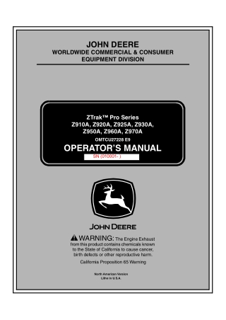 John Deere Z910A Z920A Z925A Z930A Z950A Z960A Z970A ZTrak™ Pro Series Mower Operator’s Manual Instant Download (PIN0100