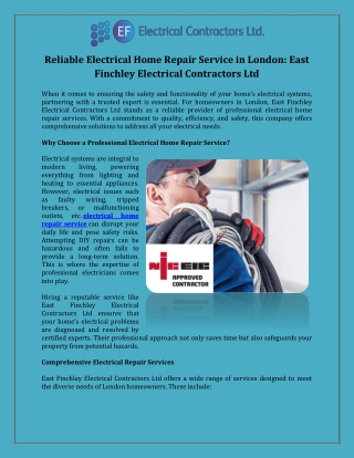 Reliable Electrical Home Repair Service in London East Finchley Electrical Contractors Ltd