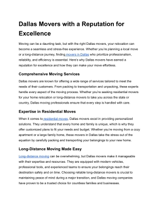 Dallas Movers with a Reputation for Excellence
