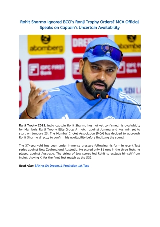 Rohit Sharma Ignored BCCI’s Ranji Trophy Orders_ MCA Official Speaks on Captain’s Uncertain Availability