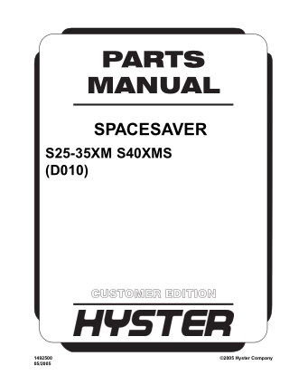 Hyster D010 (S25-35XM S40XMS) Forklift Parts Catalogue Manual Instant Download