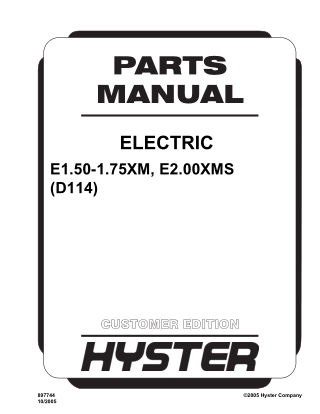 Hyster D114 (E1.50-1.75XM, E2.00XMS) Forklift Parts Catalogue Manual Instant Download