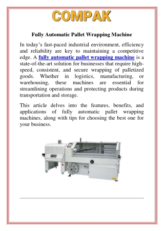 Fully Automatic Pallet Wrapping Machine