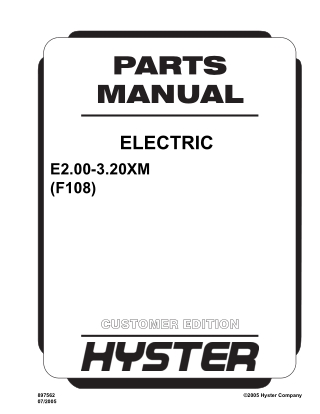 Hyster F108 (E2.00-3.20XM) Forklift Parts Catalogue Manual Instant Download