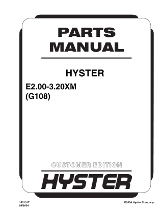 Hyster G108 (E2.00-3.20XM) Forklift Parts Catalogue Manual Instant Download