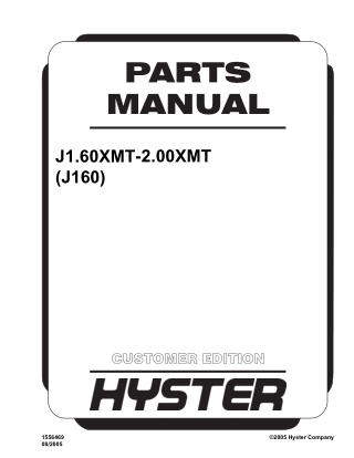 Hyster J160 (J1.60XMT-2.00XMT) Forklift Parts Catalogue Manual Instant Download