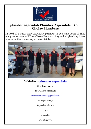 Plumber Aspendale  Your Choice Plumbers