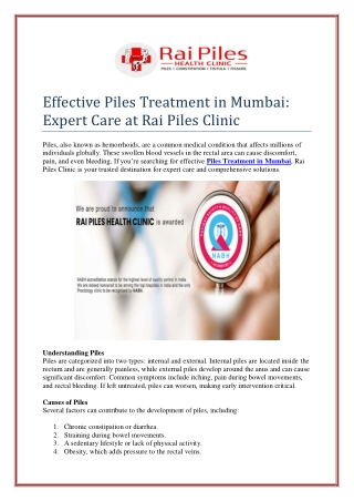 Effective Piles Treatment in Mumbai: Expert Care at Rai Piles Clinic