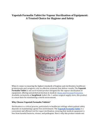Vapotab Formalin Tablet for Vapour Sterilisation Equipment: Hygiene and Safety
