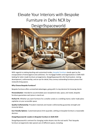 Transform Your Space with Bespoke Furniture in Delhi NCR by Design9spaceworld